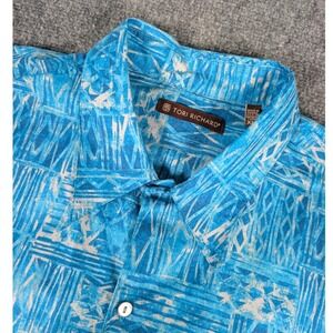 Tori Richard Mens XLT Blue Geometric Tribal Print Cotton Lawn Aloha Shirt 6449